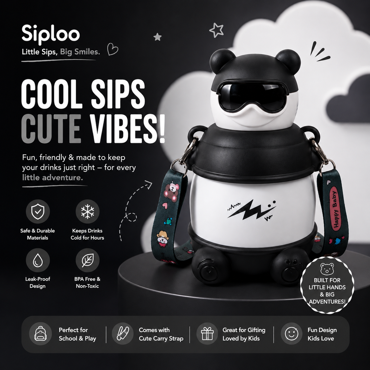 Cute panda-shaped kids water bottle with sunglasses, carry strap, and wheels for school adventures