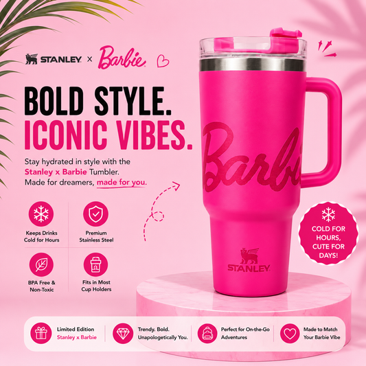 Pink Stanley x Barbie tumbler with bold logo, keeps drinks cold, limited edition travel mug for on-the-go adventures