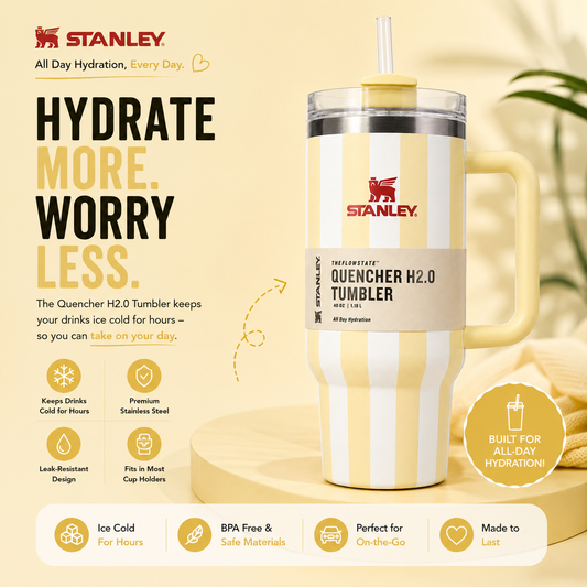 Stanley Quencher H2.0 Tumbler with straw, yellow and white stripes, keeps drinks ice cold for hours, leak-resistant, fits cup holders